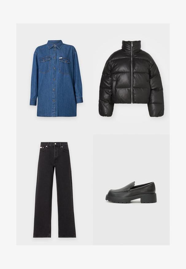 Crna skraćena puffer jakna od glatke kože, s visokim ovratnikom, prednjim zatvaračem i nabranim, quilted dijelovima.; Traper košulja, duži rukavi, svijetloplava, dva džepa na prsima, kopčanje na gumbe, klasični ovratnik, teksturirana tkanina, opušteni kroj.; Crne široke traperice od denima, s visokim strukom, pet džepova i metalnim zatvaranjem s kontrastnim šavovima.; Crne kožne loaferice s zaobljenim vrhom, debelim teksturiranim potplatom i minimalnim detaljima šivanja. Elegantna izrada bez vidljivih vezica ili metalnih elemenata.
