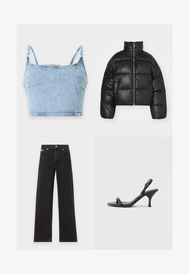 Black cropped puffer jacket made of smooth leather, featuring a high collar, front zipper, and puffed quilted sections.; Light blue denim crop top with thin adjustable straps, featuring a front zip closure and a smooth texture, designed for a fitted look.; Black wide-leg jeans made of denim, featuring a high-rise waist, five-pocket styling, and a metal button closure with contrasting stitching.; Black leather high-heeled sandals with a slim, curved heel and a crossed strap design. Adjustable ankle strap. Smooth texture.