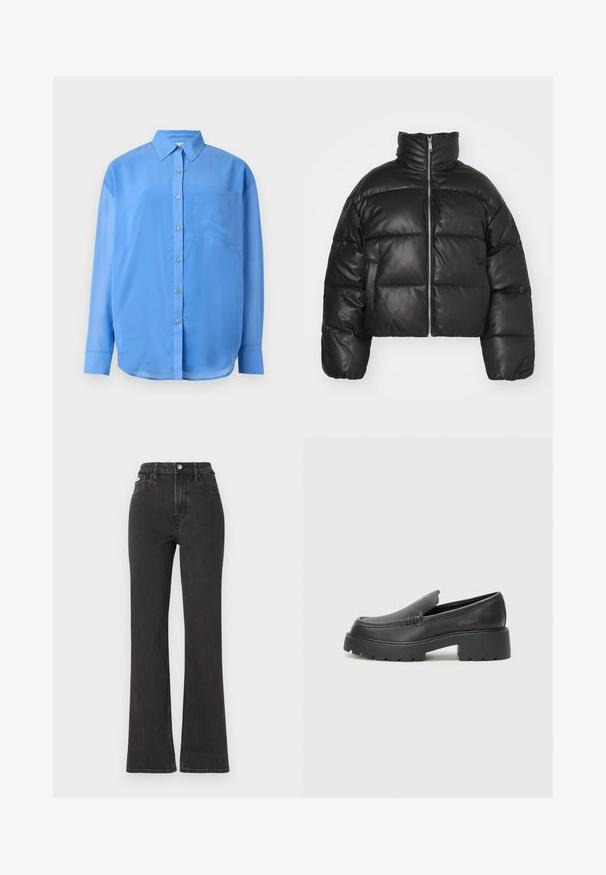 Svart cropped puffer-jakke laget av glatt lær, med høy krage, frontglidelås og puffede quiltede seksjoner.; Blå skjorte med knapp foran, krage, lange ermer og en enkelt brystlomme. Laget av glatt stoff med en lett glans.; Svarte høyt midje, utsvingte jeans laget av denim, med knappelukking, beltehemper og sidelommer. Glatt tekstur med minimal falming.; Sorte skinnloafers med rund tå, tykk teksturert såle og minimale sømdetaljer. Strømlinjeformet design uten synlige snørebånd eller hardvarer.