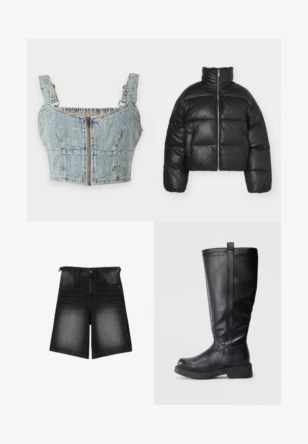 Černá zkrácená péřová bunda vyrobená z hladké kůže, s vysokým límcem, předním zipem a vypolstrovanými prošívanými částmi.; Džínový crop top s světle modrou úpravou, má zipové zapínání, smockovaný zadní díl a široká ramínka. Detaily zahrnují šití a mírné opotřebení.; Černé džínové šortky s vyšisovaným vzhledem, pěti kapsami, knoflíkovým zapínáním a poutky na opasek. Materiál má hladkou texturu.; Černé kozačky až ke kolenům vyrobené z hladké kůže s plochou podrážkou, s bočním švem a malým poutkem nahoře pro snadné obouvání.