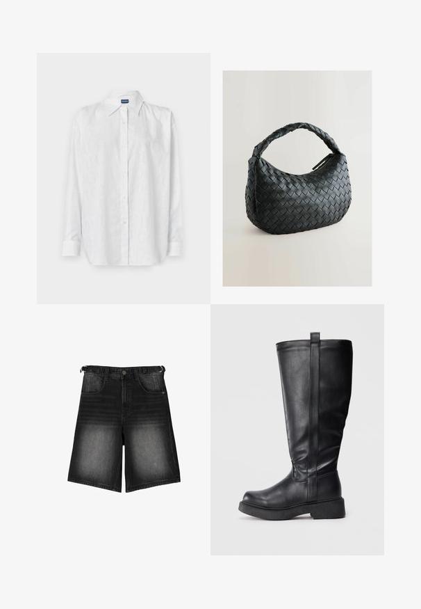 Musta lyhyt puffatakkia, joka on valmistettu sileästä nahasta, ja siinä on korkea kaulus, etuvetoketju ja puffatut, tikatut osat.; Valkoinen nappikauluspaita, jossa on hienovarainen tonaalinen logokuvio, pitkät hihat ja klassinen kaulus. Valmistettu sileästä, kevyestä materiaalista.; Mustat farkkushortsit, joissa on kulunut pinta, viisi taskua, napitus ja vyölenkit. Kankaassa on sileä rakenne.; Mustat polvipituiset saappaat, jotka on valmistettu sileästä nahasta, joissa on litteä pohja, sivusauma ja pieni vetoketju ylhäällä helpompaa pukemista varten.; Mustakudottu käsilaukku, jossa on pyöreä muoto, tekstuuri pinta ja paksu punottu kahva. Varustettu vetoketjulla turvallista säilytystä varten.