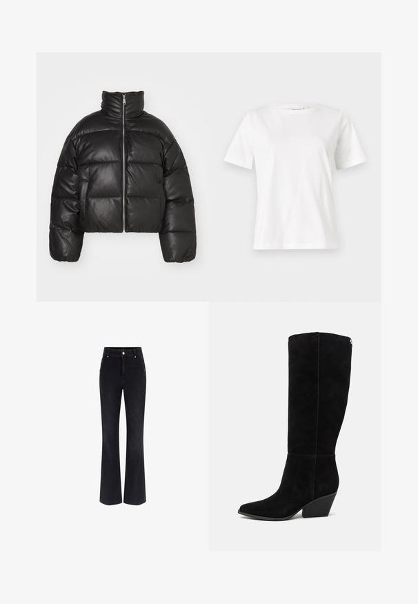 Black cropped puffer jacket made of smooth leather, featuring a high collar, front zipper, and puffed quilted sections.; White cotton t-shirt with short sleeves, round neckline, and a relaxed fit. Smooth texture, no patterns or accents, minimalistic design.; Black denim flared jeans featuring a high waist, five-pocket design, and metallic button accents on the sides. Smooth texture and classic fit.; Guess CALLY - Cowboy/Biker boots - black