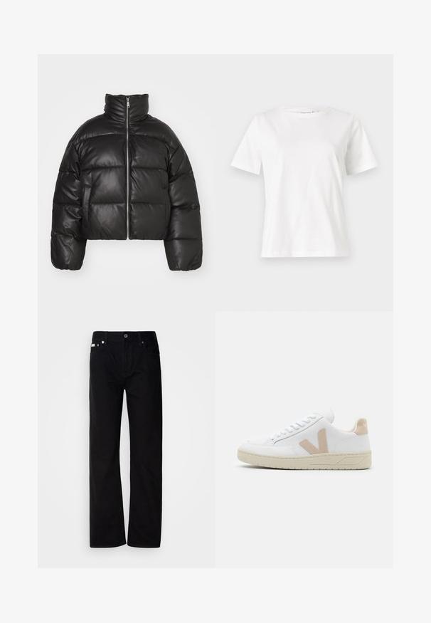Black cropped puffer jacket made of smooth leather, featuring a high collar, front zipper, and puffed quilted sections.; White cotton t-shirt with short sleeves, round neckline, and a relaxed fit. Smooth texture, no patterns or accents, minimalistic design.; Black denim straight-leg pants with five pockets, silver rivets, and a button fly. The fabric has a smooth, slightly textured finish.; White sneaker with beige suede accents, round toe, and white laces. Textured rubber outsole and logo detail on the heel.