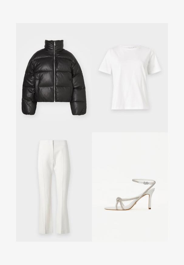 Juodas trumpas pūkinis švarkas, pagamintas iš lygaus odos, su aukštu apykakle, priekiniais užtrauktukais ir pūstomis siūlėmis.; Balta medvilninė marškinėliai trumpomis rankovėmis, su apvalia iškirpte ir laisvu siluetu. Lygi tekstūra, be raštų ar akcentų, minimalistinis dizainas.; Balti pritaikyti kelnes su platėjančiu apačiu, su lygiu priekiu, be kišenių ir sklandžia audinio texture.; Baltos aukštakulnės šlepetės su tekstūruota dirželiu, puoštu krištolo akmenimis, atvira pirštų dalimi ir kulkšnies dirželiu su reguliuojama sagtimi.