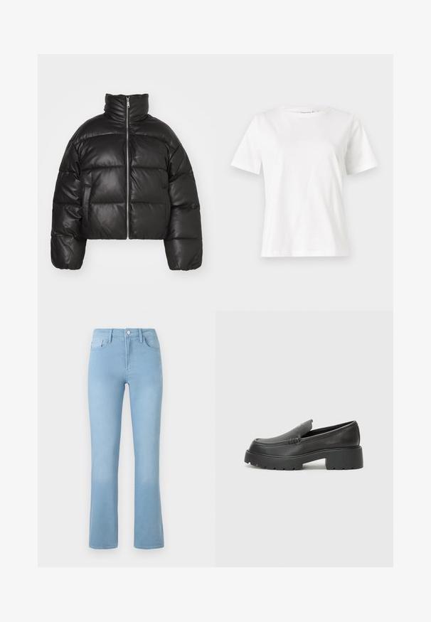 Veste puffer noire courte en cuir lisse, avec un col montant, une fermeture éclair sur le devant et des sections matelassées gonflées.; T-shirt en coton blanc à manches courtes, col rond et coupe décontractée. Texture lisse, sans motifs ni accents, design minimaliste.; Jeans évasés bleu clair en denim avec une taille haute, un design à cinq poches et une fermeture à bouton à l'avant. Texture lisse sur l'ensemble.; Mocassins en cuir noir avec un bout arrondi, une semelle épaisse et texturée, et des détails de couture minimalistes. Design épuré sans lacets ni métal visibles.