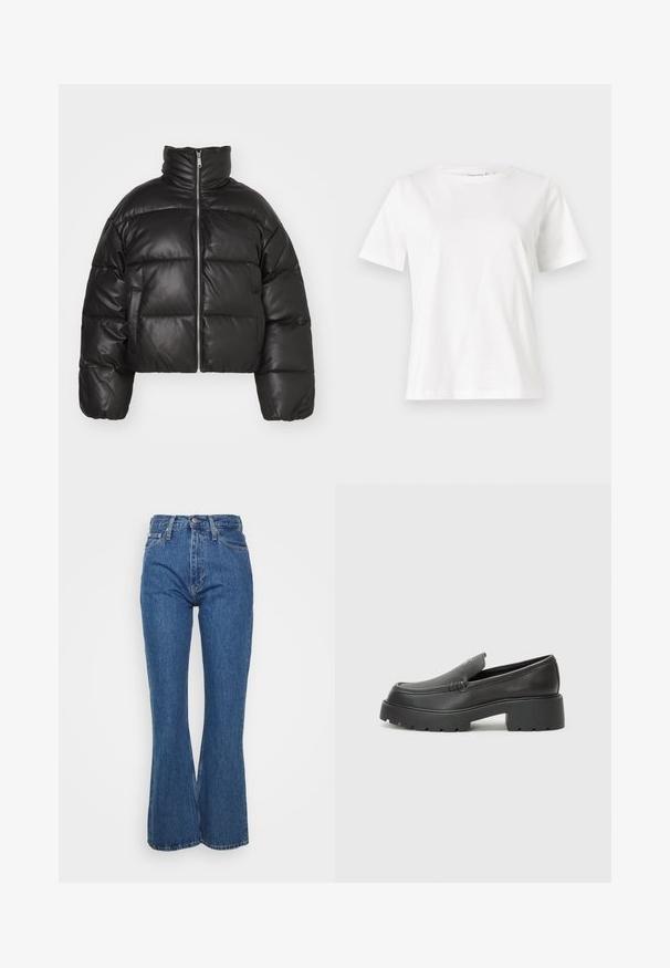 Veste puffer noire courte en cuir lisse, avec un col montant, une fermeture éclair sur le devant et des sections matelassées gonflées.; T-shirt en coton blanc à manches courtes, col rond et coupe décontractée. Texture lisse, sans motifs ni accents, design minimaliste.; Jean en denim bleu taille haute avec une forme évasée, un design classique à cinq poches, un léger délavage, une ceinture robuste et un bouton en métal.; Mocassins en cuir noir avec un bout arrondi, une semelle épaisse et texturée, et des détails de couture minimalistes. Design épuré sans lacets ni métal visibles.
