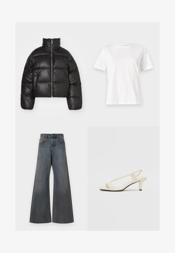 Black cropped puffer jacket made of smooth leather, featuring a high collar, front zipper, and puffed quilted sections.; White cotton t-shirt with short sleeves, round neckline, and a relaxed fit. Smooth texture, no patterns or accents, minimalistic design.; Wide-leg jeans in dark blue denim with a slightly faded finish. Features five pockets, belt loops, and a button fly closure.; Beige block-heeled sandals with thin straps and a square toe. Smooth material with minimal detailing, designed for easy wear.