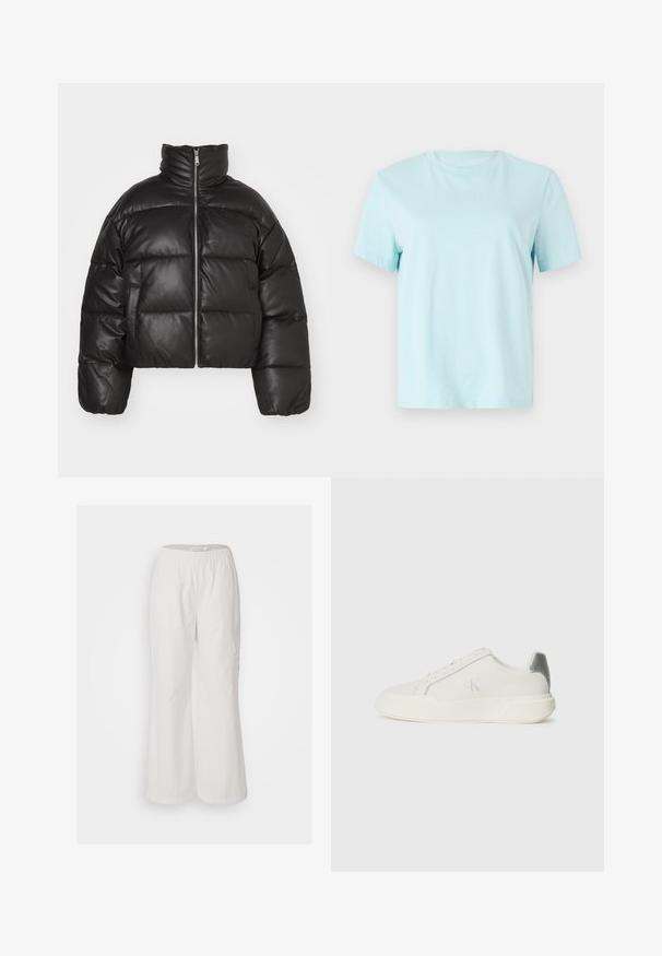 Czarna krótka kurtka pufowa z gładkiej skóry, z wysokim kołnierzem, przednim zamkiem błyskawicznym i wypchanymi, pikowanymi sekcjami.; Jasnoniebieska bawełniana koszulka z krótkim rękawem, okrągłym dekoltem i subtelnym haftowanym logo 'Calvin Klein' z przodu.; Białe spodnie szerokie, wykonane z lekkiego materiału. Posiadają elastyczny pas i boczną kieszeń, o gładkiej fakturze. Casulowy styl.; Biała sneakersy wykonane ze skóry o gładkiej fakturze, z metalicznym akcentem na pięcie, płaską podeszwą i minimalistycznym designem.