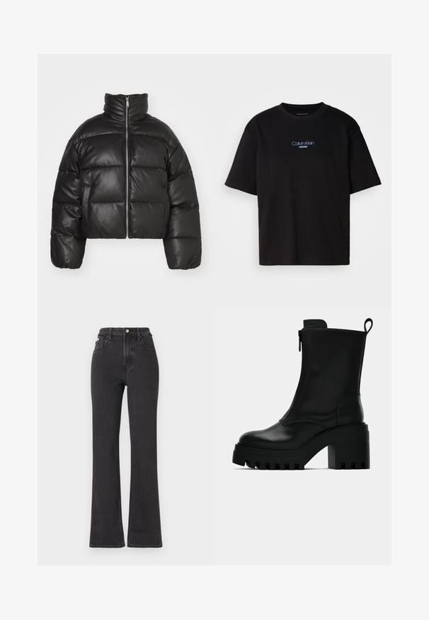 Μαύρο κοντό μπουφάν από λείο δέρμα, με ψηλό γιακά, μπροστινό φερμουάρ και φουσκωτά καπιτονέ τμήματα.; Μαύρο βαμβακερό t-shirt με στρογγυλή λαιμόκοψη, κοντά μανίκια και μπλε κεντημένο λογότυπο "Calvin Klein JEANS" στην μπροστινή πλευρά.; Μαύρα ψηλόμεσα τζιν με φαρδιά γραμμή, κατασκευασμένα από τζιν, διαθέτουν κλείσιμο με κουμπί, θηλιές ζώνης και πλαϊνές τσέπες. Λείος υφή με ελάχιστη φθορά.; Μαύρη δερμάτινη μπότες έως τον αστράγαλο με χοντρή σόλα, τετράγωνη φτέρνα, πλαϊνό φερμουάρ και θηλάκι στο πίσω μέρος, σε λευκό φόντο.