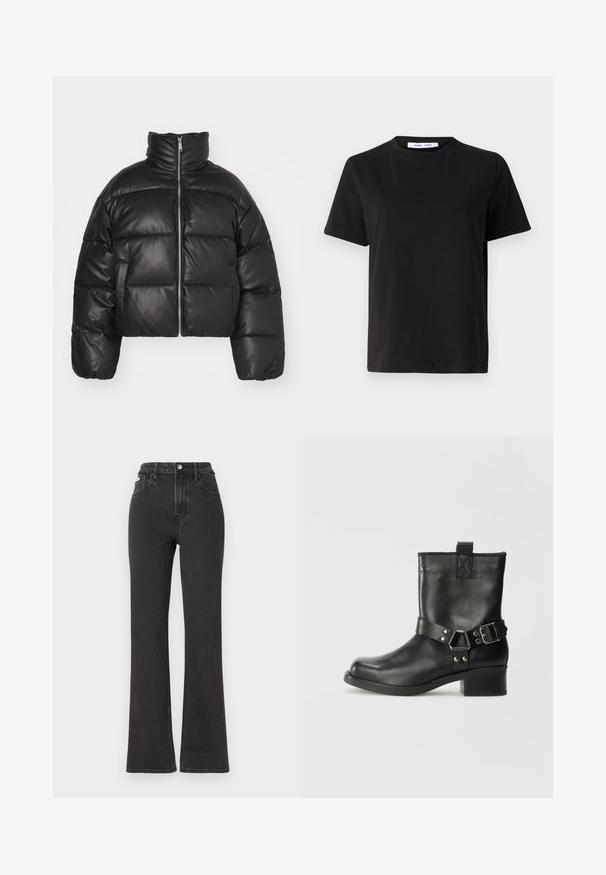 Must must kaelus, esitatud sileda nahast, millel on lukk ees ja puffitatud tikitud sektsioonid.; Must have lühikeste varrukatega t-särk, mis on valmistatud pehmest puuvillast, ümmarguse kaelusega, lõdva sobivusega ja sileda tekstuuriga. Ei ole nähtavaid mustreid ega graafikat.; Mustad kõrge vöökohaga laienevad teksapüksid, mis on valmistatud denimist, varustatud nööbiga kinnitamise, vöörihmade ja küljetaskutega. Sile tekstuur minimaalse pleekimisega.; Samsøe Samsøe SABRENTA  - Kauboi/mootorratturi poolsaapad - black