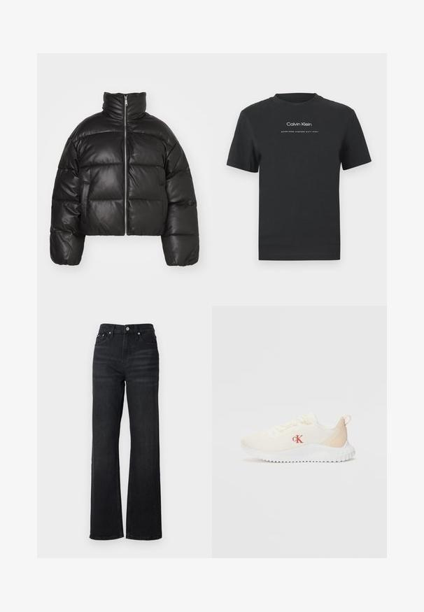 Svart cropped puffer-jakke laget av glatt lær, med høy krage, frontglidelås og puffede quiltede seksjoner.; Svart bomull T-skjorte med rund hals, korte ermer, og hvit trykt "Calvin Klein" logo og tekst "Etablert 1968".; Sorte denim vide bukser med høj talje, fem-lomme design og sølv metalknap. Stoffer har en glat tekstur og let stræk.; Hvite mesh joggesko med teksturert overflate, lyse beige detaljer, hevet hvit såle og en rød "CK"-logo på siden.