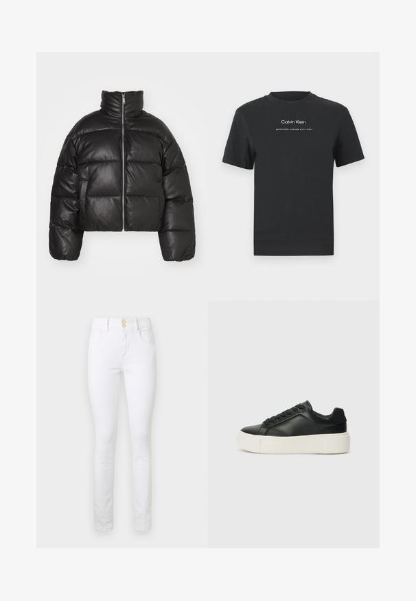 Musta lyhyt puffatakkia, joka on valmistettu sileästä nahasta, ja siinä on korkea kaulus, etuvetoketju ja puffatut, tikatut osat.; Musta puuvillainen T-paita, jossa on pyöreä pääntie, lyhyet hihat ja valkoinen painettu "Calvin Klein" -logo sekä "Established 1968" -teksti.; Valkoiset fark쿠 თვისელი skinny-housut korkealla vyötäröllä, kahdella etutaskulla ja kultaisella nappikiinnityksellä. Sujuva tekstuuri, tiukka siluetti ja ilman näkyviä kuvioita.; Musta nahkakengät pyöreällä nenällä, valkoisella alustalla ja mustilla nauhoilla. Takana on huomaamaton logo ja pinta on sileä.