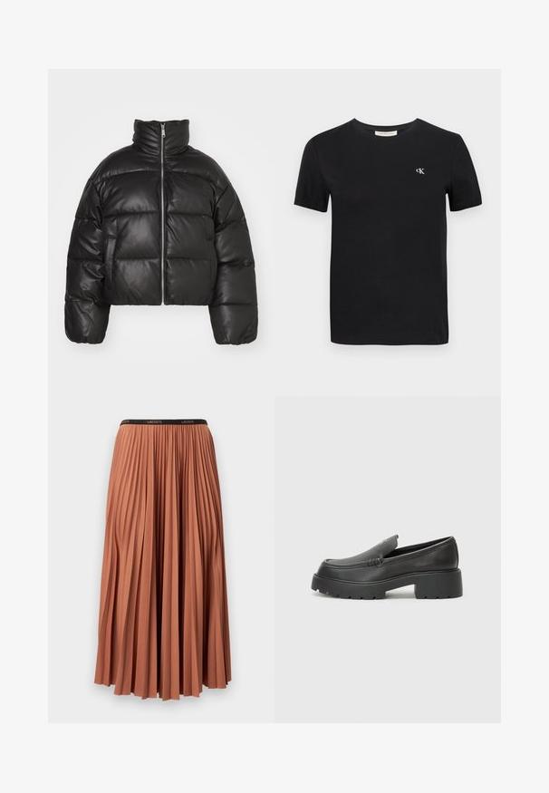 Black cropped puffer jacket made of smooth leather, featuring a high collar, front zipper, and puffed quilted sections.; Black cotton t-shirt with a classic crew neck, short sleeves, and a small white embroidered "ck" logo on the chest.; Pleated skirt in terracotta color with a black waistband, featuring vertical folds and a smooth texture. Length reaches mid-calf.; Black leather loafers with a rounded toe, thick textured sole, and minimal stitching details. Sleek design with no visible laces or hardware.