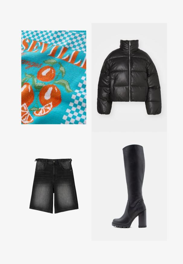 Crna skraćena puffer jakna od glatke kože, s visokim ovratnikom, prednjim zatvaračem i nabranim, quilted dijelovima.; Pleteni materijal u tirkiznoj boji s narančastim narančama i zelenim lišćem, s kariranim uzorakom i tekstom "Sevilla" u narančastoj i bijeloj boji.; Crni traper šorts s izblijedjelim završetkom, pet džepova, zatvaranjem na dugme i petljama za remen. Tkanina ima glatku teksturu.; Crne čizmice do koljena, od glatke kože, s punom petom, zaobljenim vrhom, teksturiranom potplatom s gripom, elegantnog dizajna bez ukrasa.