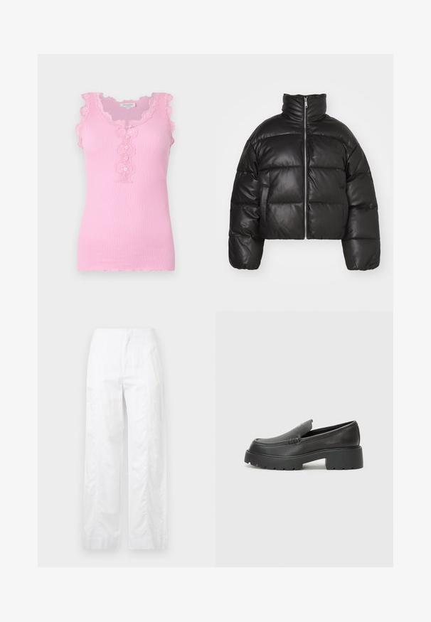 Čierna skrátená páperová bunda vyrobená z hladkej kože, s vysokým golierom, predným zipsom a vypchatými prešívanými sekciami.; Ružový rebrovaný top bez rukávov so zúbkovaným čipkovým lemovaním, detailmi na gombíky na prednej strane a priliehavým strihom. Mäkká textúra a bezrukávový štýl.; Biele široké nohavice z ľahkej látky, s hladkou textúrou, čistými líniami a vysokým pásom.; Čierne kožené mokasíny s okrúhlou špičkou, hrubou textúrovanou podrážkou a minimom stehovej výzdoby. Štíhly dizajn bez viditeľných šnúr alebo kovania.