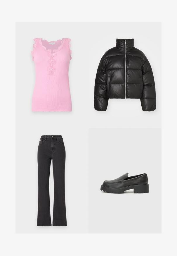 Svart cropped puffer-jakke laget av glatt lær, med høy krage, frontglidelås og puffede quiltede seksjoner.; Rosa, stripete tank topp med bølget blondedetalj, knappdetaljer nedover fronten og en figurnær design. Myk tekstur og uten ermer.; Svarte høyt midje, utsvingte jeans laget av denim, med knappelukking, beltehemper og sidelommer. Glatt tekstur med minimal falming.; Sorte skinnloafers med rund tå, tykk teksturert såle og minimale sømdetaljer. Strømlinjeformet design uten synlige snørebånd eller hardvarer.