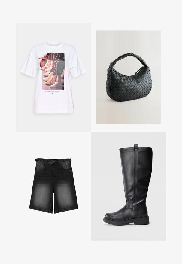 Czarna krótka kurtka pufowa z gładkiej skóry, z wysokim kołnierzem, przednim zamkiem błyskawicznym i wypchanymi, pikowanymi sekcjami.; Biała koszulka z grafiką przedstawiającą buty do koszykówki oraz napisem "To zupełnie nowa gra" w kolorze niebieskim, okrągły dekolt, krótkie rękawy.; Czarne szorty dżinsowe z wybledzonym wykończeniem, pięcioma kieszeniami, zapięciem na guzik i paskiem. Materiał ma gładką teksturę.; Czarne botki do kolan wykonane z gładkiej skóry, z płaską podeszwą, posiadające szew boczny i małą pętelkę na górze ułatwiającą zakładanie.; Czarna pleciona torebka o zaokrąglonym kształcie, teksturowanej powierzchni i grubej, plecionej rączce. Posiada zamek błyskawiczny zapewniający bezpieczne przechowywanie.