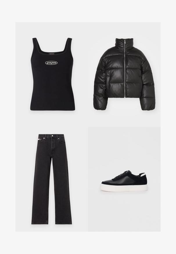 Black cropped puffer jacket made of smooth leather, featuring a high collar, front zipper, and puffed quilted sections.; Black ribbed tank top with a square neckline and embroidered "guess jeans" logo in white. Slim fit and smooth texture.; Black wide-leg jeans made of denim, featuring a high-rise waist, five-pocket styling, and a metal button closure with contrasting stitching.; Black sneaker with smooth leather and suede panels, flat laces, rounded toe, and a white rubber sole. Distinct logo on the heel.
