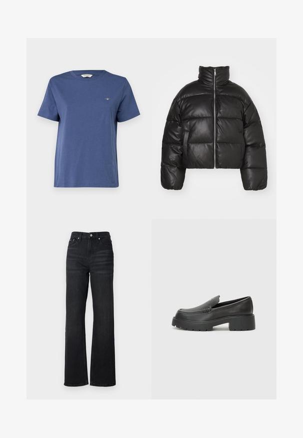 Čierna skrátená páperová bunda vyrobená z hladkej kože, s vysokým golierom, predným zipsom a vypchatými prešívanými sekciami.; GANT PRINTED ARCHIVE SHIELD - Základné tričko - dusty navy; Čierne riflové široké nohavice s vysokým pásom, dizajnom s piatimi vreckami a strieborným kovovým gombíkom. Látka má hladkú textúru a jemný elastický pocit.; Čierne kožené mokasíny s okrúhlou špičkou, hrubou textúrovanou podrážkou a minimom stehovej výzdoby. Štíhly dizajn bez viditeľných šnúr alebo kovania.