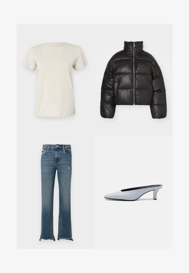 Casaco puffer preto, cropped, feito de pele lisa, com colarinho alto, fecho de correr à frente e seções acolchoadas em volume.; T-shirt de algodão de mangas curtas em bege claro com decote redondo e um discreto detalhe de texto na parte da frente. Textura suave e ajuste relaxado.; Calças de ganga azuis com ligeiros desgastes, bainhas cruas desfiadas, bolsos frontais, passadores para cinto e fecho com botão.; Mule de pele patente azul claro com bico alongado, salto baixo transparente e um design elegante com um recorte no vamp.