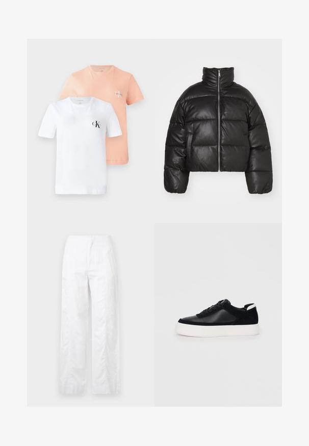 Casaco puffer preto, cropped, feito de pele lisa, com colarinho alto, fecho de correr à frente e seções acolchoadas em volume.; Duas t-shirts de manga curta: uma branca com um logótipo CK preto, uma pêssego claro com um logótipo CK menor, ambas feitas de algodão suave.; Calças brancas de perna larga feitas de um tecido leve, com uma textura suave, linhas limpas e um design de cintura alta.; Sapatilha preta com painéis de pele lisa e camurça, atacadores planos, bico arredondado e sola de borracha branca. Logótipo distinto no calcanhar.