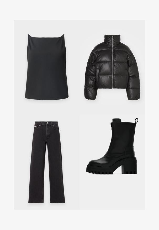 Svart cropped puffer-jakke laget av glatt lær, med høy krage, frontglidelås og puffede quiltede seksjoner.; Svart tanktopp med ribbet tekstur, med rett utringning, tynne stropper og en avslappet passform. Ingen synlig maskinvare eller mønstre.; Svart bredbente jeans laget av denim, med høy livvidde, fem lommer, og metallknapp med kontrasterende søm.; Sorte lær ankelsko med kraftig såle, blokkhæl, sidelukking med glidelås og trekketap bak på ensfarget hvit bakgrunn.