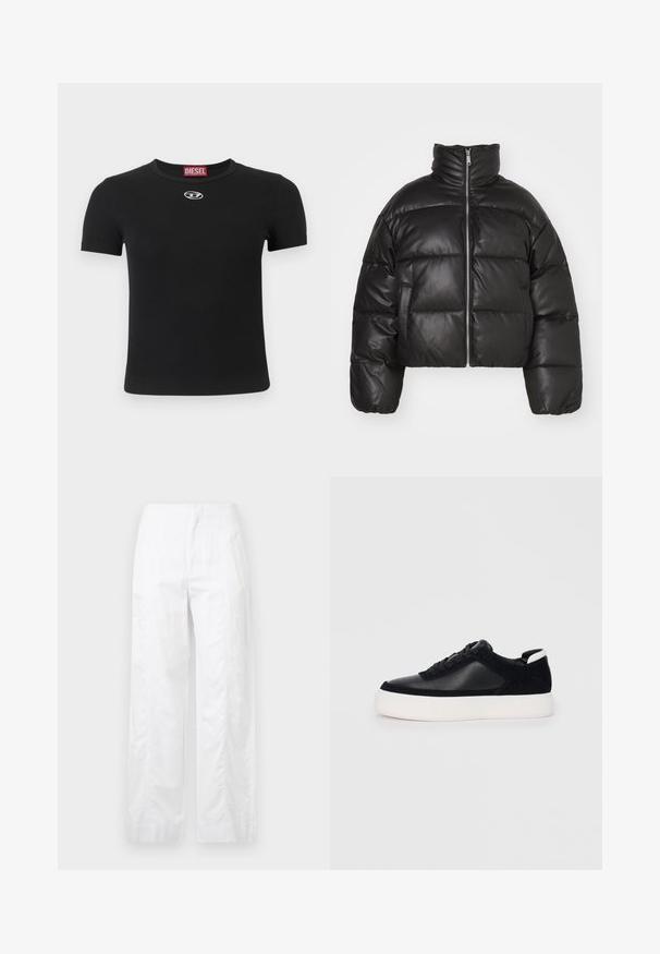 Casaco puffer preto, cropped, feito de pele lisa, com colarinho alto, fecho de correr à frente e seções acolchoadas em volume.; T-shirt preta com textura canelada, mangas curtas, decote redondo e pequeno detalhe de logótipo prateado no centro da parte frontal.; Calças brancas de perna larga feitas de um tecido leve, com uma textura suave, linhas limpas e um design de cintura alta.; Sapatilha preta com painéis de pele lisa e camurça, atacadores planos, bico arredondado e sola de borracha branca. Logótipo distinto no calcanhar.