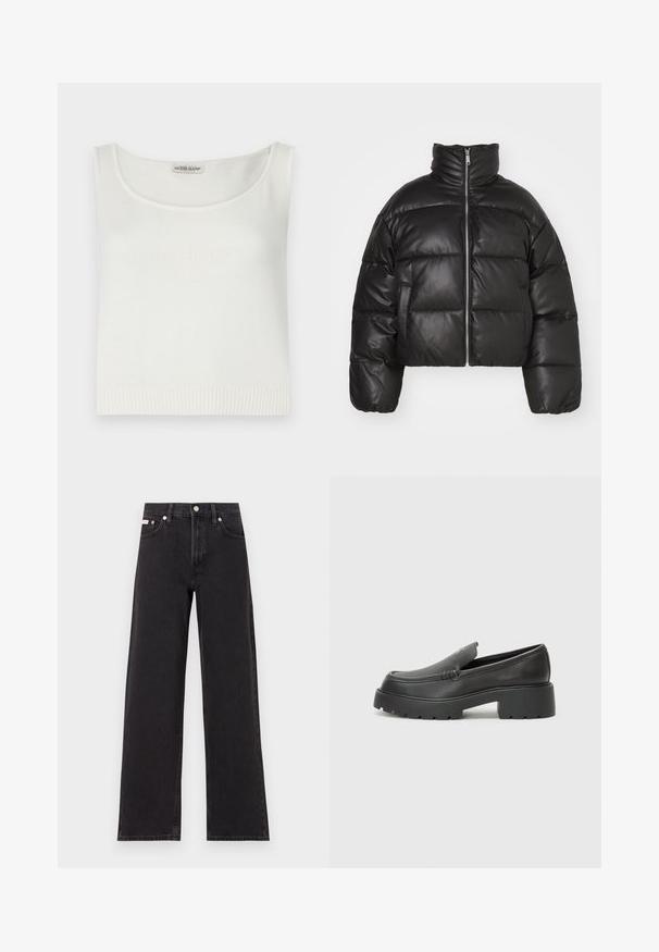 Melnā īsā pūkājakas jaka, izgatavota no gludas ādas, ar augstu apkakli, priekšējo rāvējslēdzēju un pūkainām quilted daļām.; Baltā bez piedurknēm topa, kas izgatavots no adītā auduma, ar ovālu kakla izgriezumu un rievotu apakšmalu. Priekšpusē ir reljefais "GUESS JEANS" logotips.; Melni platmalu džinsi, kas izgatavoti no denima, ar augstu vidukli, piecu kabatu dizainu un metāla pogas aizdari ar kontrastējošu šuvumu.; Melnas ādas mokasīni ar noapaļotu purngalu, biezs teksturēts zoles un minimālas dūriena detaļas. Gluds dizains bez redzamām auklām vai metāla elementiem.