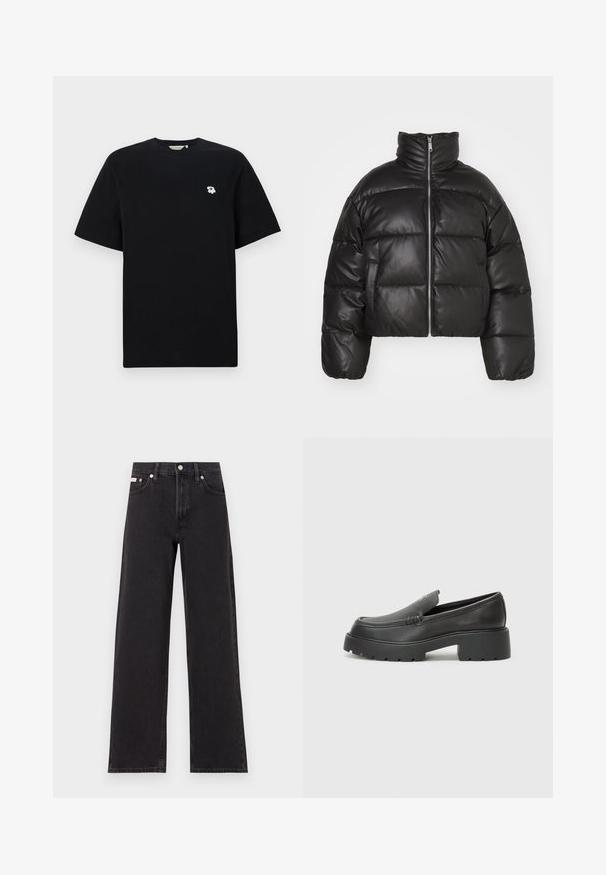 Jachetă puffer scurtă, neagră, din piele netedă, având un guler înalt, fermoar frontal și secțiuni umplute cu matlasare.; Tricou negru din bumbac cu mâneci scurte, având broderie mică albă în formă de floare pe partea stângă a pieptului. Design de tip standard și guler rotund.; Jeanși negri cu picioare largi, fabricați din denim, cu talie înaltă, stil cu cinci buzunare și închidere cu nasture metalic, cu cusături contrastante.; Mocasini din piele neagră, cu vârf rotunjit, talpă groasă texturată și detalii minimale de cusătură. Design elegant, fără șireturi sau accesorii vizibile.