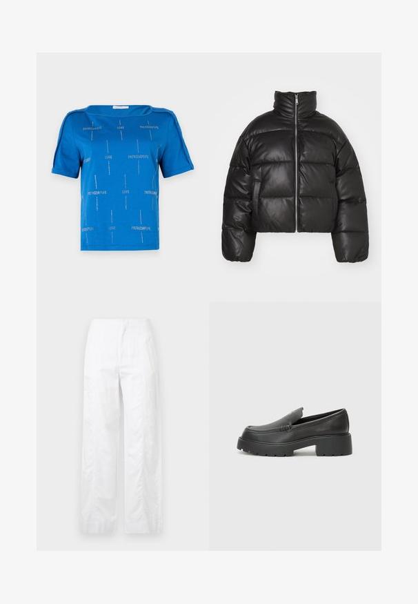 Čierna skrátená páperová bunda vyrobená z hladkej kože, s vysokým golierom, predným zipsom a vypchatými prešívanými sekciami.; Modrá bavlnená tričko s krátkymi rukávmi, s lodičkovým výstrihom a striebornými textovými vzormi s nápismi "LOVE" a "PATRIZIAPPE" po celom povrchu.; Biele široké nohavice z ľahkej látky, s hladkou textúrou, čistými líniami a vysokým pásom.; Čierne kožené mokasíny s okrúhlou špičkou, hrubou textúrovanou podrážkou a minimom stehovej výzdoby. Štíhly dizajn bez viditeľných šnúr alebo kovania.
