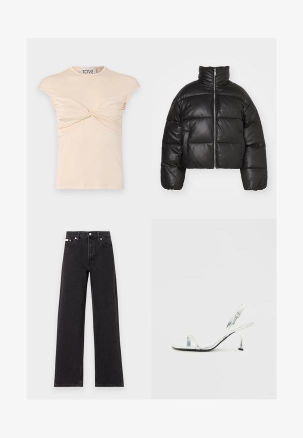 Casaco puffer preto, cropped, feito de pele lisa, com colarinho alto, fecho de correr à frente e seções acolchoadas em volume.; T-shirt em tom creme com decote redondo, mangas em formato de cape e detalhe frontal torcido. Textura suave com franzido vertical nas laterais.; Jeans de perna larga pretos feitos de denim, apresentando uma cintura alta, estilo de cinco bolsos e um fecho em botão de metal com costura contrastante.; Sandal de salto alto em verniz prata, com tira estreita na ponta do pé, fivela ajustável e um salto delgado.