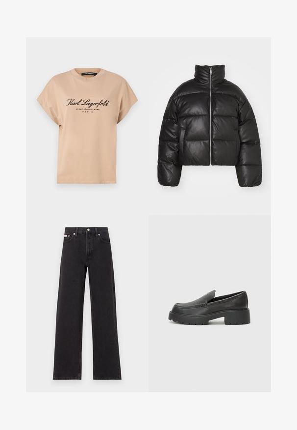 Casaco puffer preto, cropped, feito de pele lisa, com colarinho alto, fecho de correr à frente e seções acolchoadas em volume.; T-shirt de algodão bege com um decote redondo, mangas curtas e texto impresso a preto na frente, apresentando o nome da marca e detalhes da localização.; Jeans de perna larga pretos feitos de denim, apresentando uma cintura alta, estilo de cinco bolsos e um fecho em botão de metal com costura contrastante.; Mocassins de couro preto com bico arredondado, sola espessa e texturizada, e detalhes de costura minimalistas. Design elegante sem atacadores ou ferragens visíveis.