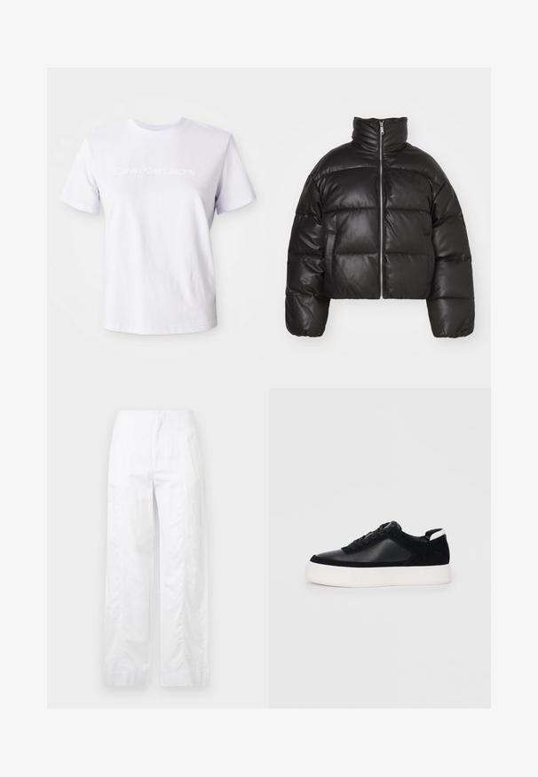 Casaco puffer preto, cropped, feito de pele lisa, com colarinho alto, fecho de correr à frente e seções acolchoadas em volume.; Camisa de t-shirt branca de algodão com mangas curtas e decote redondo. Apresenta o logótipo "Calvin Klein Jeans" em texto branco subtil ao longo do peito.; Calças brancas de perna larga feitas de um tecido leve, com uma textura suave, linhas limpas e um design de cintura alta.; Sapatilha preta com painéis de pele lisa e camurça, atacadores planos, bico arredondado e sola de borracha branca. Logótipo distinto no calcanhar.