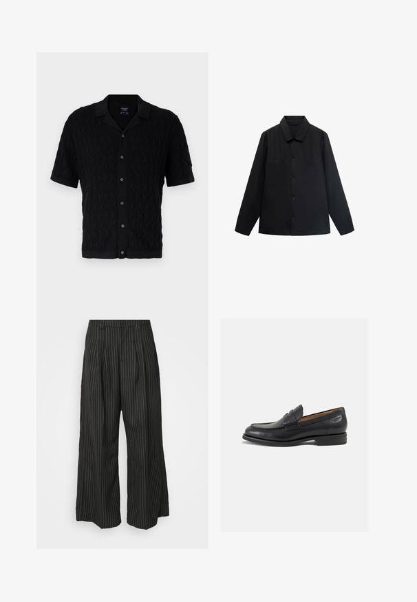 Sort langærmet skjorte med spidse krave, frontlukning med knapper og to brystlommer. Lavet af et glat stof med en struktureret pasform.; Sort kortærmet skjorte med bølge-mønster tekstur, knap-front og klassisk krave. Blødt stof med subtil ribbede kanter.; Lyseblå skjorte med knapper lavet af chambray-stof. Har krave, lange ærmer og en brystlomme med klap og knap.; Sorte båndstribede brede bukser med folder, der har et skrædderlavet design og en blød tekstur. Ingen synlig hardware eller accenter.; Sorte læder loafers med en glat finish, rund tå og dekorativ syning på vampen. Lav stablet hæl og let glans.