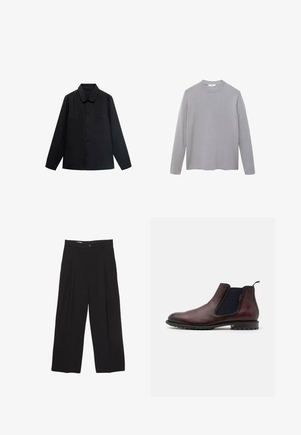 Musta pitkähiha paita, jossa on terävä kaulus, edessä napitus ja kaksi rintataskua. Valmistettu sileästä kankaasta, joka on muotoiltu istuvaksi.; Harmaa pitkähihainen paita, joka on valmistettu pehmeästä ja sileästä kankaasta. Ominaisuuksiin kuuluu pyöreä kaula-aukko, minimalistinen muotoilu ja suora helma ilman lisäkoristeita.; Mustat väljät housut, jotka on valmistettu sileästä kankaasta ja joissa on litteä vyötärö, etupleaatit ja yksi nappisulku.; Ruske nahkasaappaat Chelsea-tyyliin, joissa on joustavat sivupaneelit, pyöreä kärki ja teksturoitu musta kumipohja. Siloinen pinta, jossa on hienovarainen kiilto.