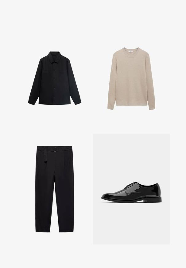 Czarna koszula z długim rękawem, z wywijanym kołnierzykiem, z zamknięciem na guziki z przodu oraz dwoma kieszeniami na piersi. Wykonana z gładkiego materiału o dopasowanym kroju.; Beżowy sweter z prążkowanego materiału o okrągłym dekolcie, długich rękawach i prostym wykończeniu. Miękka tekstura i neutralny kolor, idealne do warstwowego ubierania.; Czarne spodnie o prostym kroju, z szlufkami na pasek i odpinanym paskiem. Gładki materiał z bocznymi kieszeniami i bez widocznych wzorów lub elementów metalowych.; Czarne, lakierowane buty wizytowe ze zaokrąglonym noskiem, sznurowane, o gładkiej, błyszczącej powierzchni. Posiadają niski, gumowy obcas.