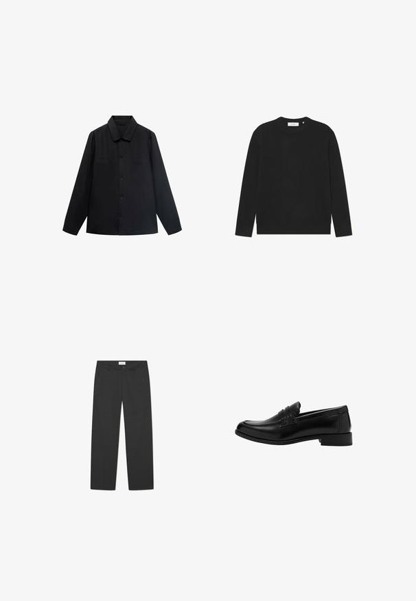 Camicetta nera a maniche lunghe con colletto a punta, chiusura frontale con bottoni e due tasche sul petto. Realizzata in un tessuto liscio con una vestibilità strutturata.; Maglione a coste nero in maglia con maniche lunghe e scollatura rotonda. Presenta un tessuto testurizzato e una vestibilità rilassata. Nessun hardware o dettaglio visibile.; Pantaloni neri in tessuto leggero. Presentano un design a gamba dritta con una parte frontale piatta, tasche laterali e una vita discreta.; Mocassino in pelle nera con punta arrotondata, dettaglio frontale plissettato, accenti testurizzati e tacco basso, su sfondo semplice.