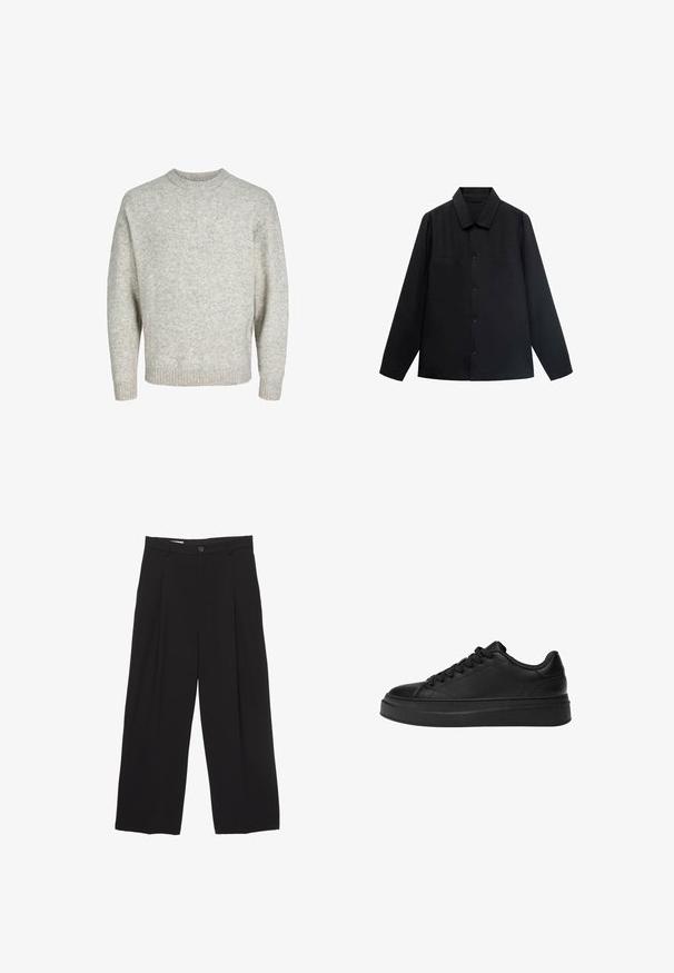 Musta pitkähiha paita, jossa on terävä kaulus, edessä napitus ja kaksi rintataskua. Valmistettu sileästä kankaasta, joka on muotoiltu istuvaksi.; Vaaleanharmaa neulepusero, jossa on pyöreä kaula-aukko, laskevat olkaimet ja ribbaatut hihat, erityisenä piirteenä teksturoitu, hieman pörröinen pinta.; Mustat väljät housut, jotka on valmistettu sileästä kankaasta ja joissa on litteä vyötärö, etupleaatit ja yksi nappisulku.; Musta lenkkari, joka on valmistettu sileästä nahasta, pyöreällä kärjellä, paksulla platform-pohjalla ja perinteisellä nauhakiinnityksellä, jossa on kuusi reikää.