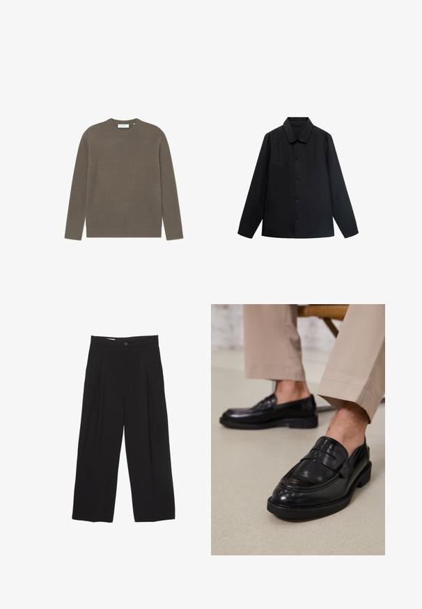 Cămașă neagră cu mânecă lungă, cu guler ascuțit, închidere cu butoane pe față și două buzunare pe piept. Fabricată dintr-un material neted, cu o croială structurată.; Pulover din tricot cu nervuri de culoare maro pământie, cu guler clasic și mâneci lungi, având un finisaj texturat și o etichetă de brand subtilă.; Pantaloni negri cu croi larg, realizati dintr-un material neted, avand o talie plată, pliuri frontale și un buton de închidere.; Loafers negre din piele cu o finisare netedă, având o curea decorativă și cusături contrastante, asortați cu pantaloni bej.