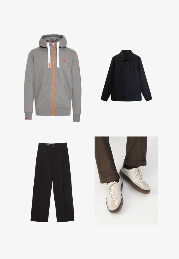 Black long-sleeve shirt with a pointed collar, front button closure, and two chest pockets. Made of a smooth fabric with a structured fit.; Gray zip-up hoodie with orange zipper and accents. Features white drawstrings, kangaroo pockets, and ribbed cuffs. Soft fabric texture.; Black wide-leg trousers made from smooth fabric, featuring a flat waistband, front pleats, and a single button closure.; Beige sneakers with a textured suede front, smooth leather sides, and a brown rubber sole. Laces and light stitching detail included.