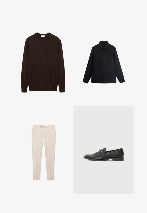 Black long-sleeve shirt with a pointed collar, front button closure, and two chest pockets. Made of a smooth fabric with a structured fit.; Brown knit sweater with a round neck, ribbed cuffs, and hem. Features a textured finish and raglan sleeves for a relaxed fit.; Mango Trousers - beige; Black leather loafer with a smooth finish, featuring a stitched design and a decorative metal chain accent across the vamp. Flat heel.
