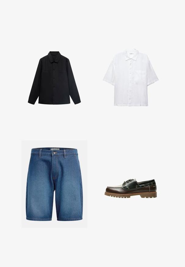 Schwarzes Langarmshirt mit spitzem Kragen, Knopfverschluss vorne und zwei Brusttaschen. Aus einem glatten Stoff mit strukturiertem Sitz gefertigt.; Weißes Kurzarmhemd mit Knopfleiste, Kragen und einer Brusttasche. Aus leichtem Stoff mit glatter Textur gefertigt.; Jeansshorts mit einer dunkelblauen Waschung, klassischem Fünf-Taschen-Design, Reißverschluss mit Knopfverschluss und kontrastierenden Nähten.; Braun-schwarzes Leder-Bootsschuh mit Schnürung, kontrastierenden Nähten und einer strukturierten Gummisohle. Verfügt über Metallösen und eine abgerundete Zehenpartie.