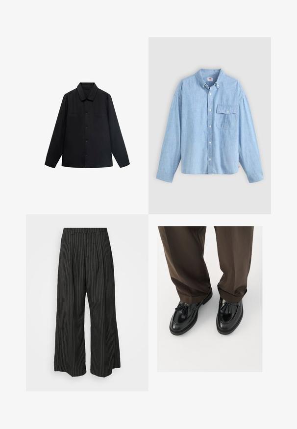 Czarna koszula z długim rękawem, z wywijanym kołnierzykiem, z zamknięciem na guziki z przodu oraz dwoma kieszeniami na piersi. Wykonana z gładkiego materiału o dopasowanym kroju.; Jasnoniebieska koszula na guziki wykonana z tkaniny chambray. Posiada kołnierzyk, długie rękawy oraz kieszeń na piersi z klapką i guzikiem.; Czarne spodnie w szerokie nogawki w paski, z zakładkami, charakteryzujące się dopasowanym krojem i miękką teksturą. Brak widocznych metalowych elementów lub akcentów.; Czarne skórzane mokasyny z zaokrąglonym noskiem, ozdobnymi frędzlami i teksturowanym przeszyciem, zestawione z brązowymi, lekko luźnymi spodniami.