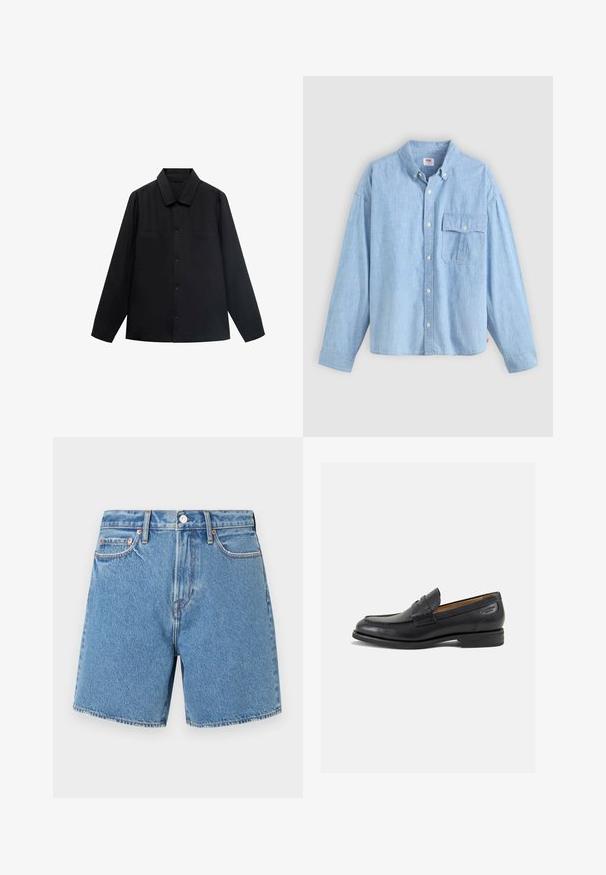 Zwarte langearmige shirt met een puntkraag, knoopsluiting aan de voorkant en twee borstzakken. Gemaakt van een gladde stof met een gestructureerde pasvorm.; Lichtblauwe button-up shirt gemaakt van chambray stof. Bevat een kraag, lange mouwen en een borstzak met een klep en knop.; Leren denim shorts in lichtblauw. Doorlopende stof met vijf zakken, een knoopsluiting en subtiele stiksels langs de naden en zakken.; Zwarte leren loafers met een gladde afwerking, ronde neus en decoratieve stiksels op de wreef. Lage gestapelde hak en een lichte glans.