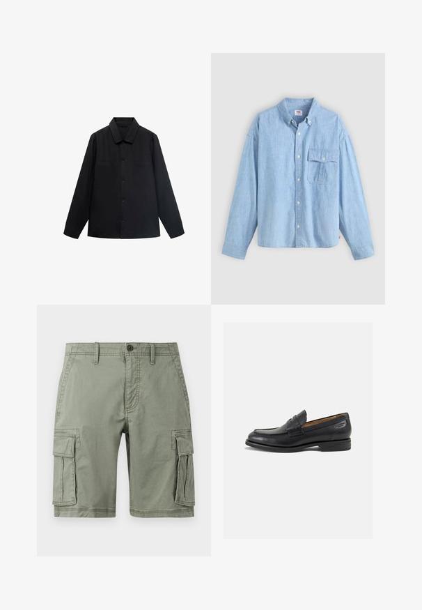 Camicetta nera a maniche lunghe con colletto a punta, chiusura frontale con bottoni e due tasche sul petto. Realizzata in un tessuto liscio con una vestibilità strutturata.; Camicia azzurro chiaro con bottoni realizzata in tessuto chambray. Presenta un colletto, maniche lunghe e una tasca sul petto con pattina e bottone.; Pantaloni cargo verdi realizzati in misto cotone, dotati di due tasche laterali, chiusura con bottone e design a gamba dritta.; Mocassini in pelle nera con finitura liscia, punta arrotondata e cuciture decorative sulla tomaia. Tacco basso impilato e leggero lucido.