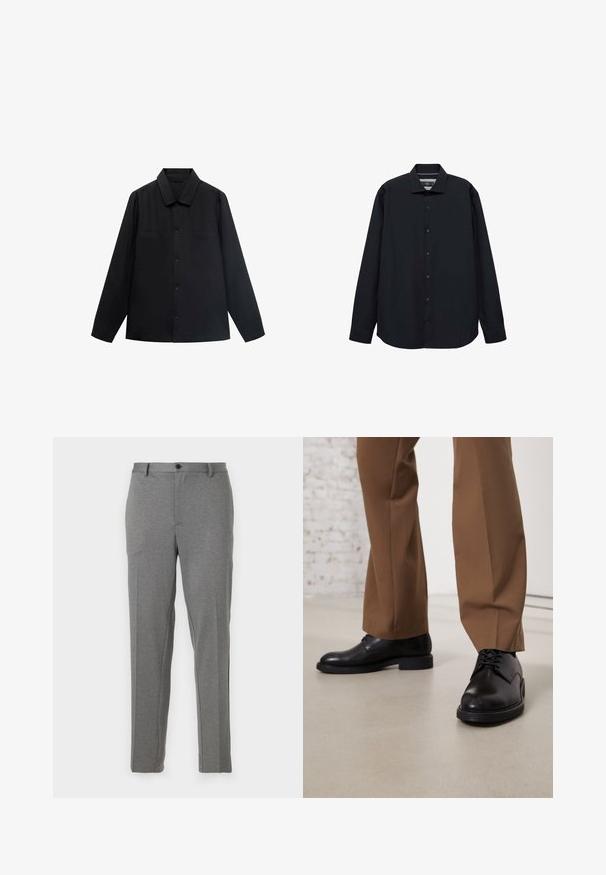 Čierna košeľa s dlhými rukávmi a špicatým golierom, s predným zapínaním na gombíky a dvoma náprsními vreckami. Vyrobená z hladkej látky so štruktúrovaným strihom.; Čierna dlhá košeľa s dlhým rukávom vyrobená z hladkej látky. Obsahuje zapínanie na gombíky vpredu, golier a voľný strih s zaobleným lemom.; Sivé nohavice s úzkym strihom, ktoré majú hladkú textúru, jemný vzor, zapínanie na zips a gombík, s prednými vreckami a zúženými nohavicami.; Čierne kožené topánky s hladkým povrchom a okrúhlou špičkou, majú šnurovanie a nízku, plochú podrážku. Kombinované s hnedými nohavicami.