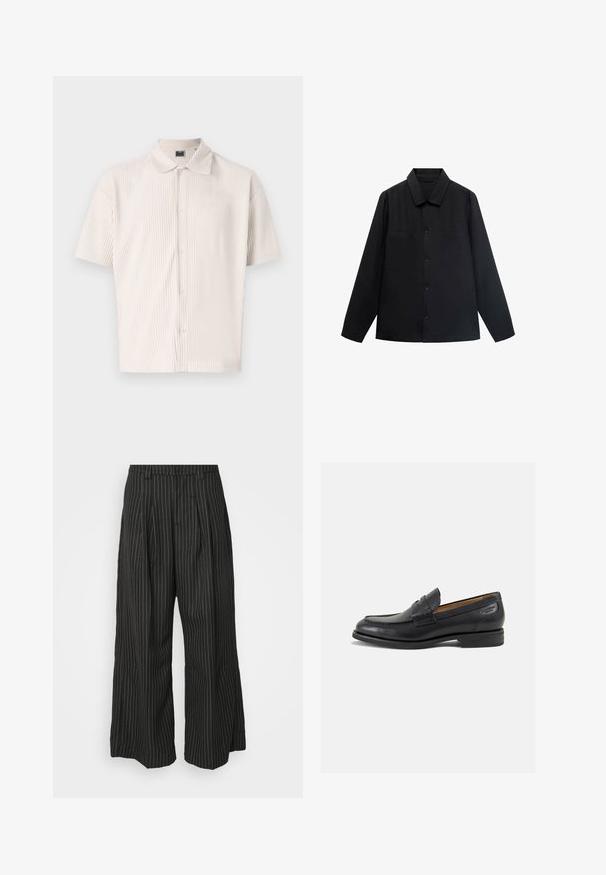 Čierna košeľa s dlhými rukávmi a špicatým golierom, s predným zapínaním na gombíky a dvoma náprsními vreckami. Vyrobená z hladkej látky so štruktúrovaným strihom.; Košeľa s krátkym rukávom, svetlo béžovej farby, s golierom a vertikálnymi prúžkami. Má zapínanie na gombíky a voľný strih. Mäkká textúra.; Čierne široké nohavice s pásikmi a skladaním, s prispôsobeným strihom a jemnou textúrou. Bez viditeľného hardvéru alebo akcentov.; Čierne kožené mokasíny s hladkým povrchom, zaoblenou špičkou a dekoratívnym prešívaním na prednej časti. Nízky kokteilový opätok a jemný lesk.