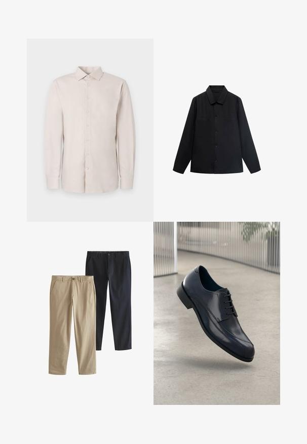 Cămașă neagră cu mânecă lungă, cu guler ascuțit, închidere cu butoane pe față și două buzunare pe piept. Fabricată dintr-un material neted, cu o croială structurată.; Cămașă lungă bej deschis, cu mânecă lungă, cu închidere cu butoni, guler clasic și textură subtilă. Dispune de manșete standard și șase butoane.; Două perechi de pantaloni drepți: una bej și una bleumarin. Ambele au buzunare laterale și închidere cu buton. Material din bumbac neted.; Pantofii eleganți din piele veritabilă neagră, cu șireturi, plutind deasupra unui podea netedă, de culoare gri deschis, cu bare metalice verticale în fundal.