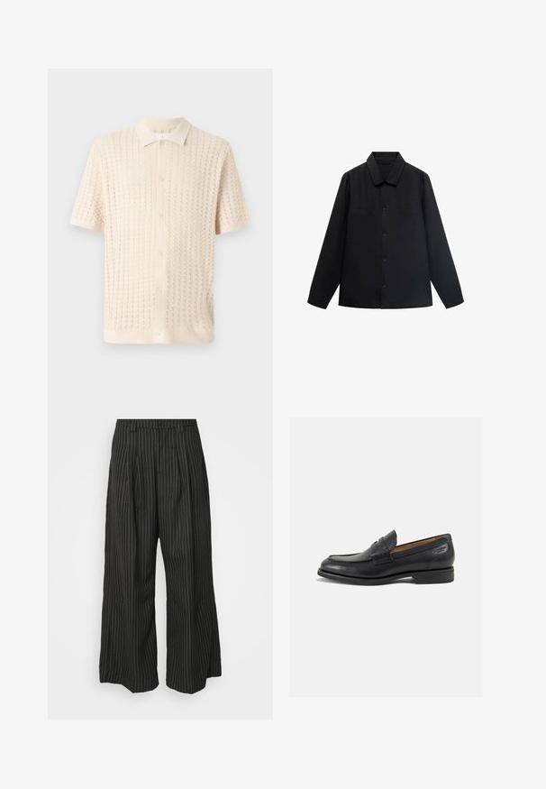 Musta pitkähiha paita, jossa on terävä kaulus, edessä napitus ja kaksi rintataskua. Valmistettu sileästä kankaasta, joka on muotoiltu istuvaksi.; Lyhythihainen nappipaita vaaleassa kermaassa, jossa on teksturoitu neulekuvio, kaulus ja viisi nappia edessä.; Mustat pinstripe-linjaiset leveälahkeiset housut, joissa on pleateja, taidokkaalla muotoilulla ja pehmeällä tekstuurilla. Ei näkyvää metalliosia tai koristeita.; Mustat nahkaloaferit, joissa on sileä pinta, pyöreä varvas ja koristeompeleet varpaansuojassa. Matala pinottu korko ja hieno kiilto.