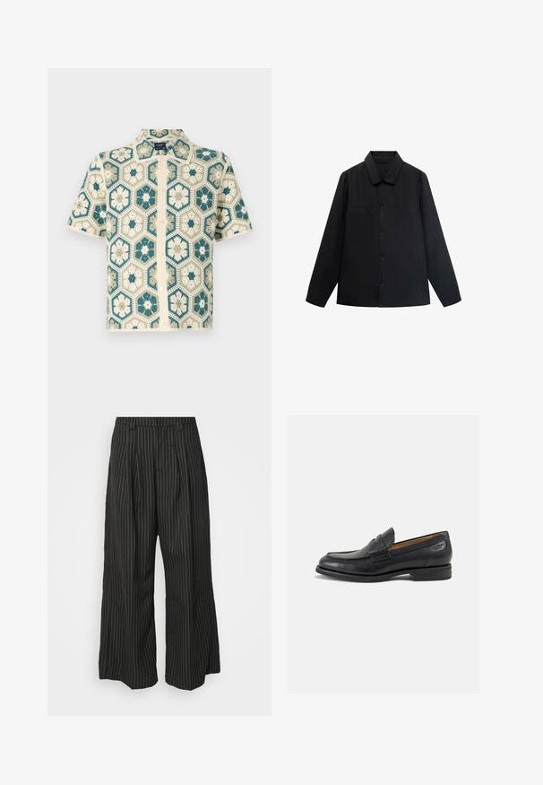 Schwarzes Langarmshirt mit spitzem Kragen, Knopfverschluss vorne und zwei Brusttaschen. Aus einem glatten Stoff mit strukturiertem Sitz gefertigt.; Kurzärmliges Hemd mit Knopfverschluss, das ein sechseckiges Häkelmuster in Türkis und Creme aufweist, mit floralen Motiven und einer strukturierten Oberfläche.; Schwarz gestreifte weite Hose mit Falten, im taillierten Design und mit weichem Material. Keine sichtbaren Beschläge oder Akzente.; Schwarze Leder Slipper mit glatter Oberfläche, runder Spitze und dekorativer Naht auf dem Vorderblatt. Niedriger Blockabsatz und leichter Glanz.